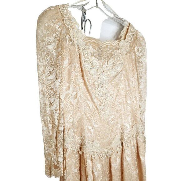 Vintage 80s Romantic Floral Lace Prairie Midi Dress Sz 13/14 Peach Beige - Picture 4 of 10